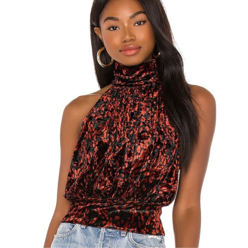Free People Take A Break Halter Top in Black Combo Velvet Crop Blouse Size S